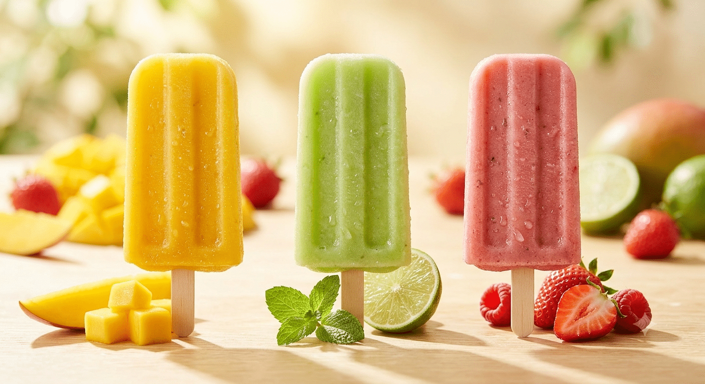 Sucettes glacées mangue, citron vert, fraise